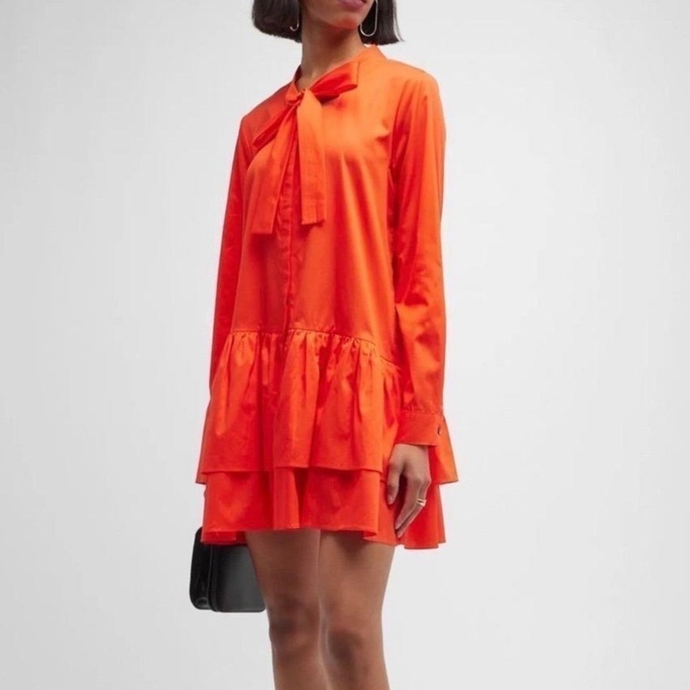 NWT Harshman Laverne Dress Coral Orange Cotton Poplin Mini Tie Neck Sz M Preppy